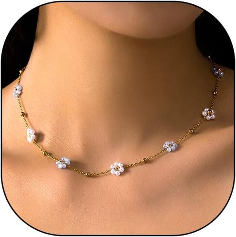 Daisy Pearl Necklace for Women Dainty 14K Gold Flower Choker Necklace Adjustable Pearl Floral Necklace Trendy Birthday Jewelry Accessories Gifts in Saudi Arabia