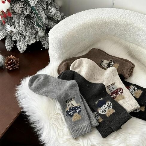 5Pair Women Socks Winter Mid-Calf Fleece-Lined Soft Cute Animal Pattern Boot Socks Christtmas Gift in Saudi Arabia