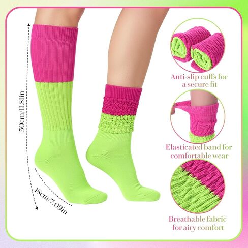 Yolev Neon Slouch Socks for Woman 80s 90s Neon Leg Warmers Extra Soft Scrunchy Socks for Women Knee High Slouchy Sock for Party 80S 90S Halloween Christmas Outfit Accessories in Saudi Arabia