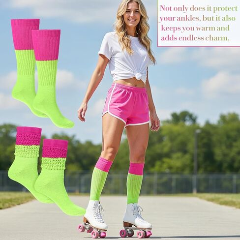Yolev Neon Slouch Socks for Woman 80s 90s Neon Leg Warmers Extra Soft Scrunchy Socks for Women Knee High Slouchy Sock for Party 80S 90S Halloween Christmas Outfit Accessories in Saudi Arabia