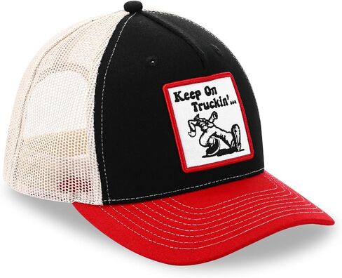 Keep on Truckin' Funny Embroidered Patch Trucker Hat, Retro Vintage Baseball Cap for Men & Women, Breathable Mesh Snapback, Black/Red/White, for Truck Drivers in Saudi Arabia