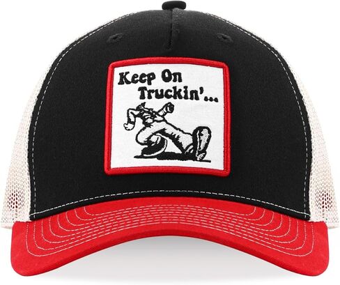 Keep on Truckin' Funny Embroidered Patch Trucker Hat, Retro Vintage Baseball Cap for Men & Women, Breathable Mesh Snapback, Black/Red/White, for Truck Drivers in Saudi Arabia
