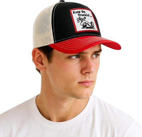 Keep on Truckin' Funny Embroidered Patch Trucker Hat, Retro Vintage Baseball Cap for Men & Women, Breathable Mesh Snapback, Black/Red/White, for Truck Drivers in Saudi Arabia