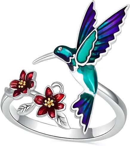 خاتم الطائر الطنان من الفولاذ المقاوم للصدأ مع زهور المينا، قابل للتعديل، باللون الفيروزي والأرجواني in Saudi Arabia