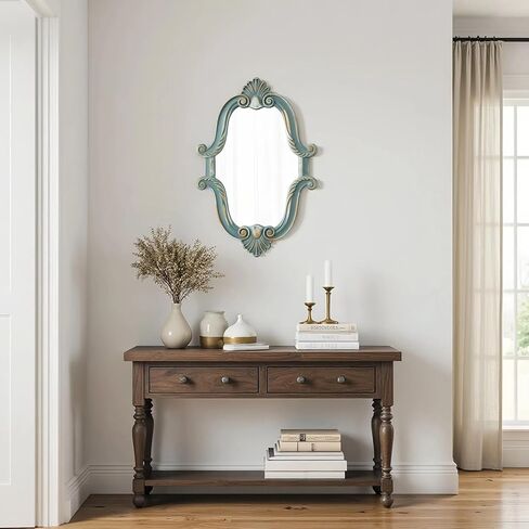 Sintosin Vintage Oval Mirrors for Wall Decor 16 x 23 inch, Hanging Distressed Small Turquoise Wall Art, Rustic Blue Scalloped Wood Mirror for Entryway Bathroom Living Room, Horizontal or Vertical in Saudi Arabia