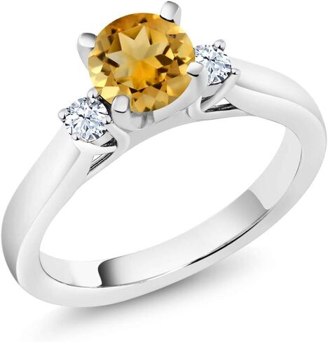 Gem Stone King 925 Sterling Silver Yellow Citrine and White Created Sapphire 3-Stone Engagement Ring For Women (0.90 Cttw, Round 6MM, Gemstone November Birthstone) in Saudi Arabia