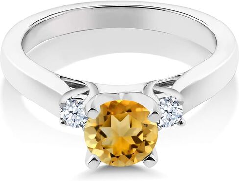 Gem Stone King 925 Sterling Silver Yellow Citrine and White Created Sapphire 3-Stone Engagement Ring For Women (0.90 Cttw, Round 6MM, Gemstone November Birthstone) in Saudi Arabia