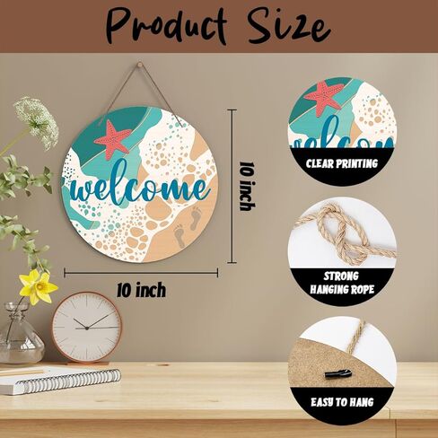 Zmyollo Round Welcome Decorative Sign, Beach Wall Sign, Summer Wooden Hanging Sign With Rope, Beach Wall Art Decoration for Farmhouse, Summer Gifts for Family Friends Colleagues, A02 in Saudi Arabia