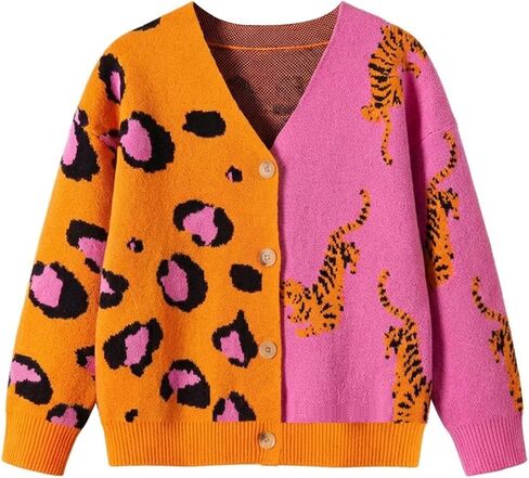 SHENHE Girl's Leopard Tiger Animal Print Cardigan Button Down V Neck Cute Fall Cardigan Sweater in Saudi Arabia