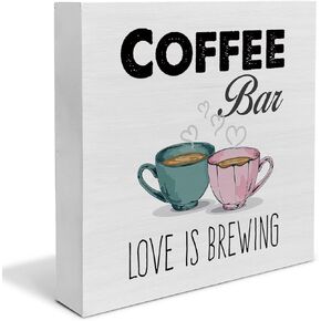 Country Coffee Bar Love is Brewing Wood Box Sign Decor Desk Sign Coffee Lover Wooden Box Block Sign Rustic Home Kitchen Bar Shelf Tabletop Wall Decoration in Saudi Arabia