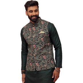 Men's White & Pink Printed Cotton Nehru Jacket- Traditional Indian Waistcoat for Weddings & Festive Occasions in Kuwait