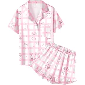 QZH.DUAO Girls Satin Pajamas Set Button Down Silk 2 Piece Pj Sets Ruffle Short Sleeve Sleepwear in Kuwait