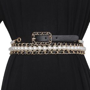 Fashion Versatile Pearl Decoration Leather Belt Women's Dress Pants Skirt Long Waist Decoration Waist Chain (Color : Black/Gold, Size : 315cm) in Kuwait