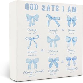 علامات خشبية للحمام المسيحي من OVAcational Coquette Blue Bow، ديكور غرفة Coquette، يقول الله الأزرق أنا علامة صندوق خشبي، ديكور آية الكتاب المقدس القوس Preppy للفتيات غرفة نوم مكتب رف الطاولة 5x5 بوصة in Kuwait