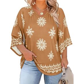 قمصان Koscacy بمقاسات كبيرة للسيدات 3/4 كم قمصان كاجوال برقبة على شكل حرف V وبلوزة فضفاضة in Kuwait