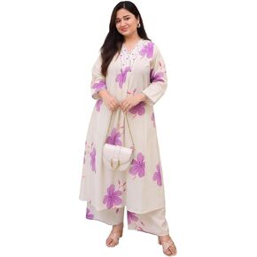HA HEAVENLY ATTIRE Women's Cotton Printed V-Neck Embrodriery Straight Kurta With Palazzo in Saudi Arabia