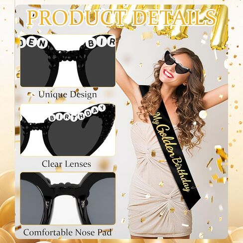 Vovii "It's My Golden Birthday Sash and Sunglasses for Women, Black Glitter Sash with Gold Foil for Golden Party Decorations, Happy Bday Kit for Birthday Party Decorations Decor Party Favors Gifts in Saudi Arabia