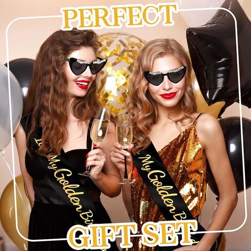 Vovii "It's My Golden Birthday Sash and Sunglasses for Women, Black Glitter Sash with Gold Foil for Golden Party Decorations, Happy Bday Kit for Birthday Party Decorations Decor Party Favors Gifts in Saudi Arabia