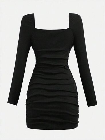 OYOANGLE Girl's Long Sleeve Square Neck Ribbed Knit Dress Ruched Bodycon Casual Dresses in Kuwait