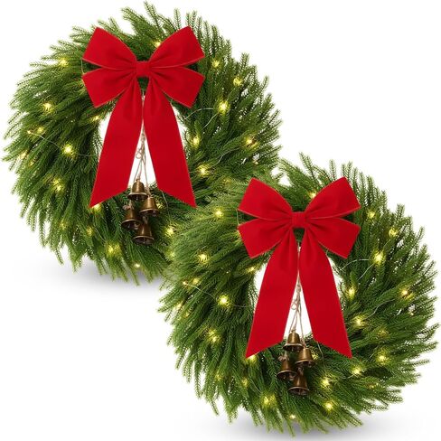 Daifunli 2 Pack 22 Inch Pre-Lit Christmas Wreath Norfolk Pine Wreath with Velvet Bow and Bells Realistic Greenery Holiday Decoration for Front Door Indoor Outdoor Christmas Decor (Olive Green) in Saudi Arabia