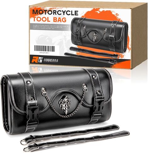 Motorcycle Tool Bag，Universal PU Leather Motorcycle Fork Bag Waterproof Handlebar Bag For Harley Suzuki Kawasaki，Black 3D Skull Bag in Saudi Arabia