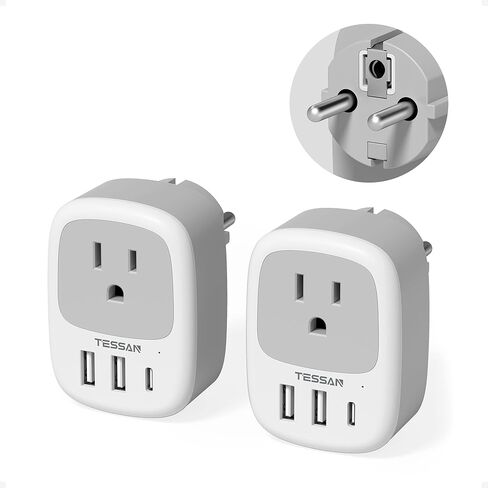 2 Pack European Travel Plud Adapter ، Tessan US to Europe Plug Adapter مع 3 منافذ USB (1 USB C) ، منفذ الطاقة C للاتحاد الأوروبي إيطاليا أيسلندا إسبانيا فرنسا ألمانيا in Kuwait