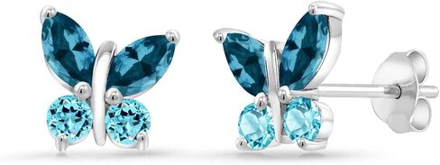 Gem Stone King 1.80 Cttw Marquise London Blue Topaz and Swiss Blue Topaz Butterfly Earrings For Women | 925 Sterling Silver | Gemstone November Birthstone | Center Stone: 6X3MM | Small Stones: 3MM in Saudi Arabia