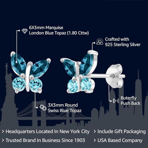 Gem Stone King 1.80 Cttw Marquise London Blue Topaz and Swiss Blue Topaz Butterfly Earrings For Women | 925 Sterling Silver | Gemstone November Birthstone | Center Stone: 6X3MM | Small Stones: 3MM in Saudi Arabia