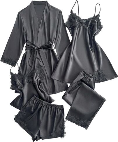 OYOANGLE Women's 5 Pack Satin Pajama Set Lace Trim Nightgown Cami Top with Shorts Pants and Robe Sets Sleepwear in Saudi Arabia