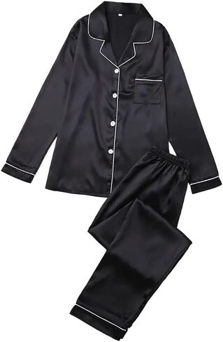 Elegant Solid Color Pajama Set – Long-Sleeved Button-Down Lapel Top and Pants in Saudi Arabia
