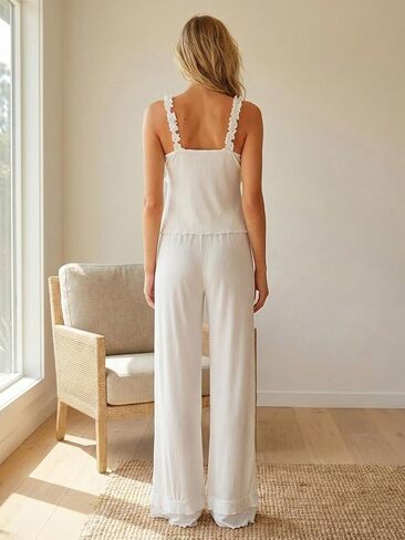 winkbay Women's 2 Piece Layered Ruffle Pajamas Tie Front Deep V Neck Top and Pants Ribbed Knit Lounge Sets in Saudi Arabia