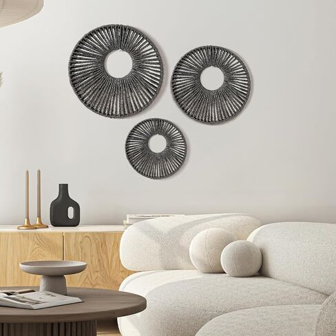 مجموعة ديكور حائط من الحبال الورقية المستديرة من American Art Decor مكونة من 3 قطع، باللون الأسود - لوحة فنية جدارية بوهو، نمط سلة المزرعة in Kuwait