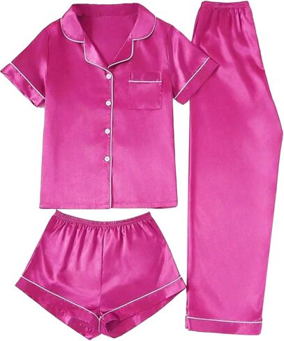 QLINFS Women's 3Pcs Satin Pajamas Set with Short Sleeve Button Down Top Shorts Sleepwear Long Pants Loungewear in Saudi Arabia