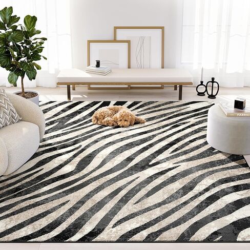 Abani Terra Area Rug for Living Room, Bedroom - Zebra Pattern - Black Cream- 6' x 9' - Durable & Easy to Clean in Saudi Arabia