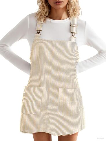 Yousify Womens Casual Striped Denim Dress Summer Pinafore Overalls Romper Adjustable Straps Jumper Dress with Pockets in Kuwait