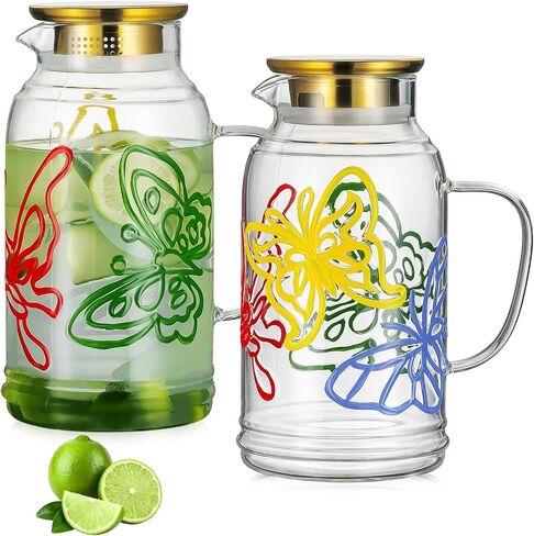 Glass Pitcher with Lid, 2 PACK 68 oz/2 Liter Vintage Water Pitcher, Clear Borosilicate Glass Water Carafe for Cold Brew, Coffee, Lemonade, Iced Sun Tea,Beverage, Milk, Heat Resistant in Kuwait