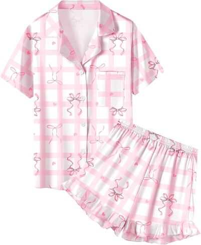 QZH.DUAO Girls Satin Pajamas Set Button Down Silk 2 Piece Pj Sets Ruffle Short Sleeve Sleepwear in Kuwait