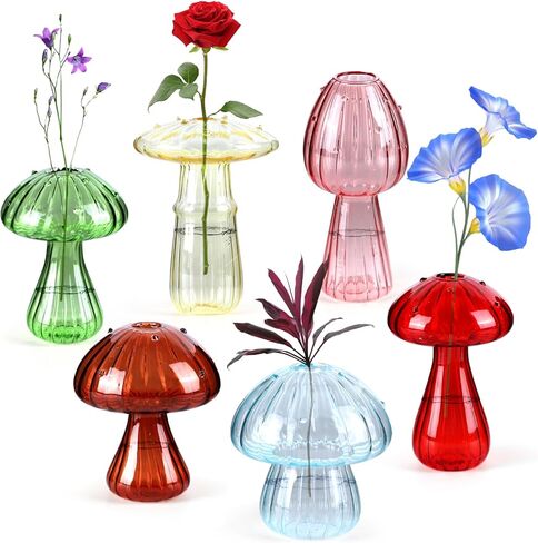 6 PCS Mushroom Vase Set, Colored Glass Mushroom Propagation Vase, Mini Cute Bud Vases for Flowers - Ideal for Women Home Office Indoor Decor & Gift in Kuwait