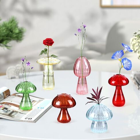 6 PCS Mushroom Vase Set, Colored Glass Mushroom Propagation Vase, Mini Cute Bud Vases for Flowers - Ideal for Women Home Office Indoor Decor & Gift in Kuwait