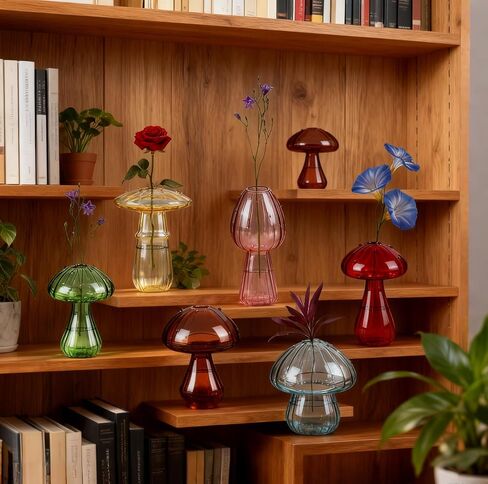 6 PCS Mushroom Vase Set, Colored Glass Mushroom Propagation Vase, Mini Cute Bud Vases for Flowers - Ideal for Women Home Office Indoor Decor & Gift in Kuwait