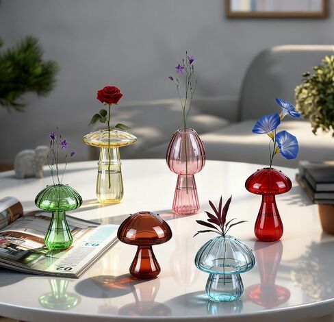 6 PCS Mushroom Vase Set, Colored Glass Mushroom Propagation Vase, Mini Cute Bud Vases for Flowers - Ideal for Women Home Office Indoor Decor & Gift in Kuwait