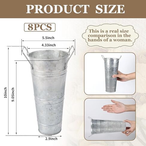 FGGHFT 8 Pcs 10 Inch Large Galvanized Metal Vases Farmhouse French Flower Bucket Vases for Cut Flowers for Home D in Kuwait