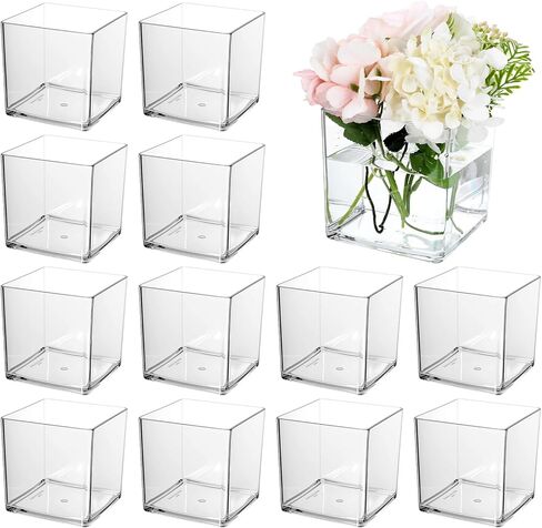 12 Pcs Clear Square Vases Acrylic for Centerpieces-4'' x 4'' Cube Square Flower Vase Bulk, Plastic Vases Container for Flowers Centerpieces Office Home Table Wedding Floral Plant in Saudi Arabia
