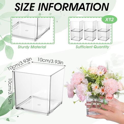 12 Pcs Clear Square Vases Acrylic for Centerpieces-4'' x 4'' Cube Square Flower Vase Bulk, Plastic Vases Container for Flowers Centerpieces Office Home Table Wedding Floral Plant in Saudi Arabia