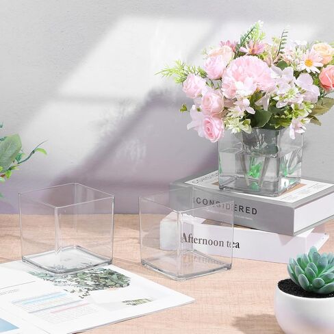 12 Pcs Clear Square Vases Acrylic for Centerpieces-4'' x 4'' Cube Square Flower Vase Bulk, Plastic Vases Container for Flowers Centerpieces Office Home Table Wedding Floral Plant in Saudi Arabia