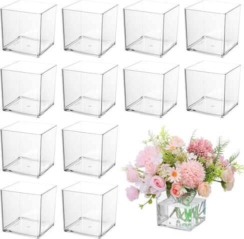 12 Pcs Clear Square Vases Acrylic for Centerpieces-4'' x 4'' Cube Square Flower Vase Bulk, Plastic Vases Container for Flowers Centerpieces Office Home Table Wedding Floral Plant in Saudi Arabia