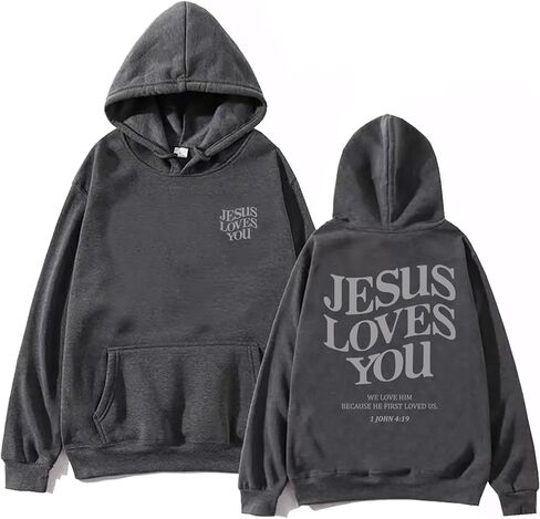 TONGCHEN Jesus Loves You هوديي ريترو كريستيان جرافيك آية الكتاب المقدس هوديي بلون سادة كنزة صوفية بقلنسوة in Saudi Arabia