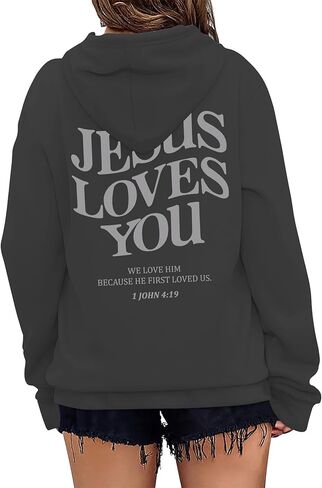 TONGCHEN Jesus Loves You هوديي ريترو كريستيان جرافيك آية الكتاب المقدس هوديي بلون سادة كنزة صوفية بقلنسوة in Saudi Arabia
