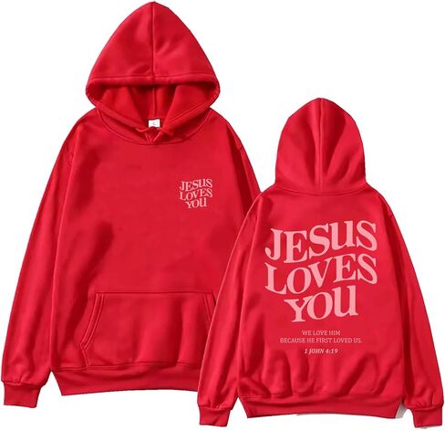 TONGCHEN Jesus Loves You هوديي ريترو كريستيان جرافيك آية الكتاب المقدس هوديي بلون سادة كنزة صوفية بقلنسوة in Saudi Arabia