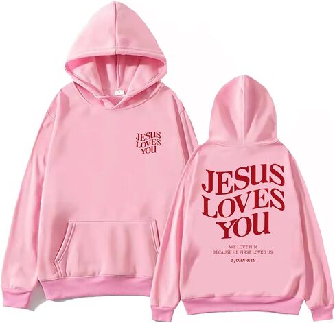 TONGCHEN Jesus Loves You هوديي ريترو كريستيان جرافيك آية الكتاب المقدس هوديي بلون سادة كنزة صوفية بقلنسوة in Saudi Arabia